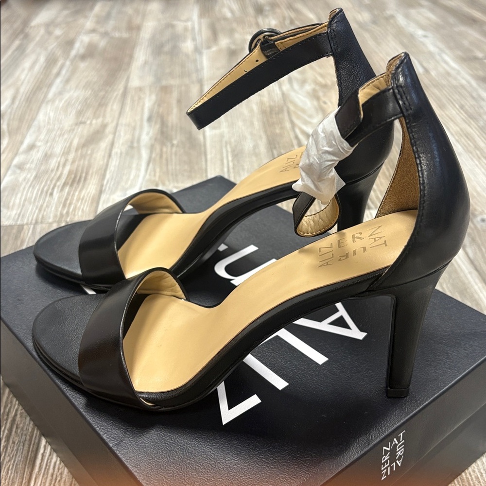 Naturalizer Kinsley Black Leather Elegant Ankle Strap Heels - Picture 5 of 11